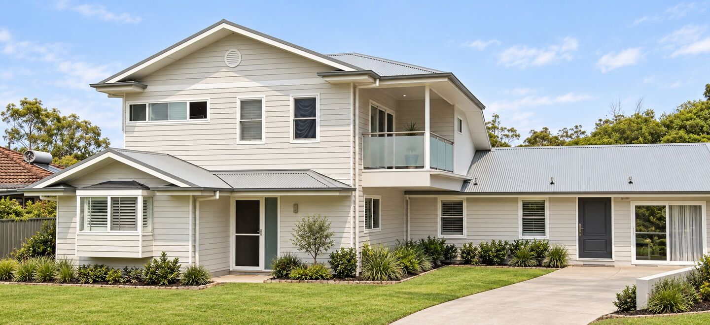 A second storey addition with weatherboard cladding and a balcony