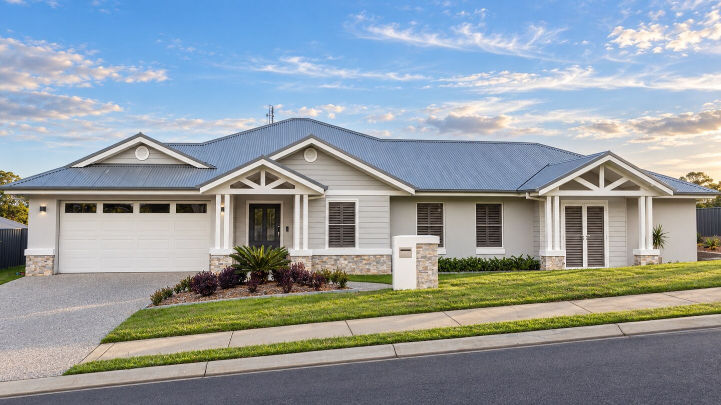 A single storey home with a Colorbond roof and a stone feature wall